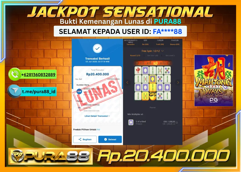 PURA88 JACKPOT MAHJONG WAYS Rp 20.400.000,- LUNAS